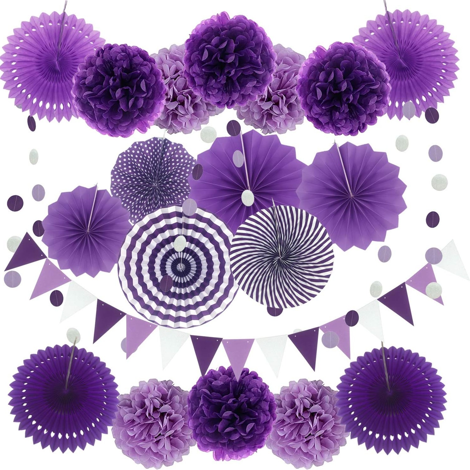 Purple Paper Fans and Pom Poms Set