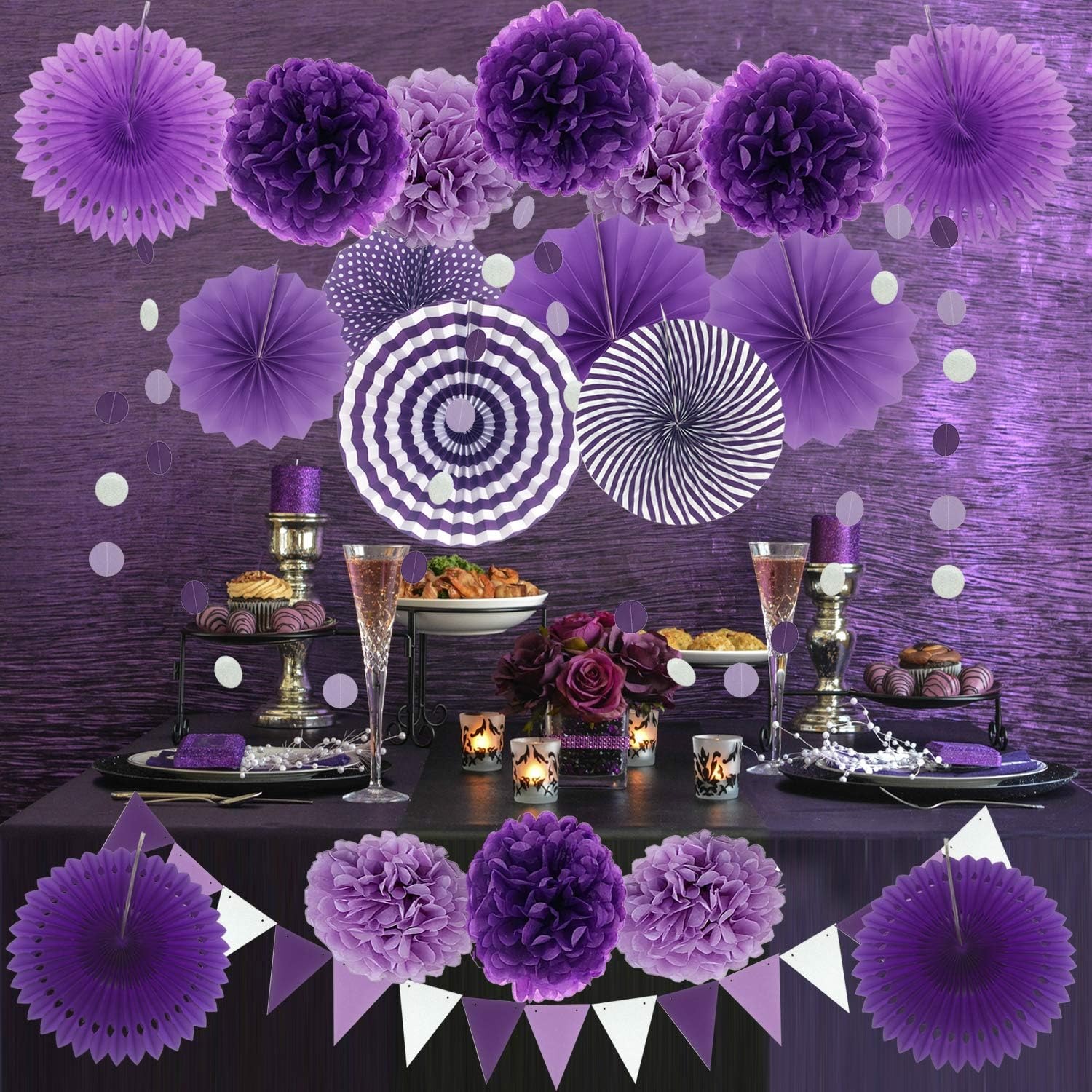 Purple Paper Fans and Pom Poms Set