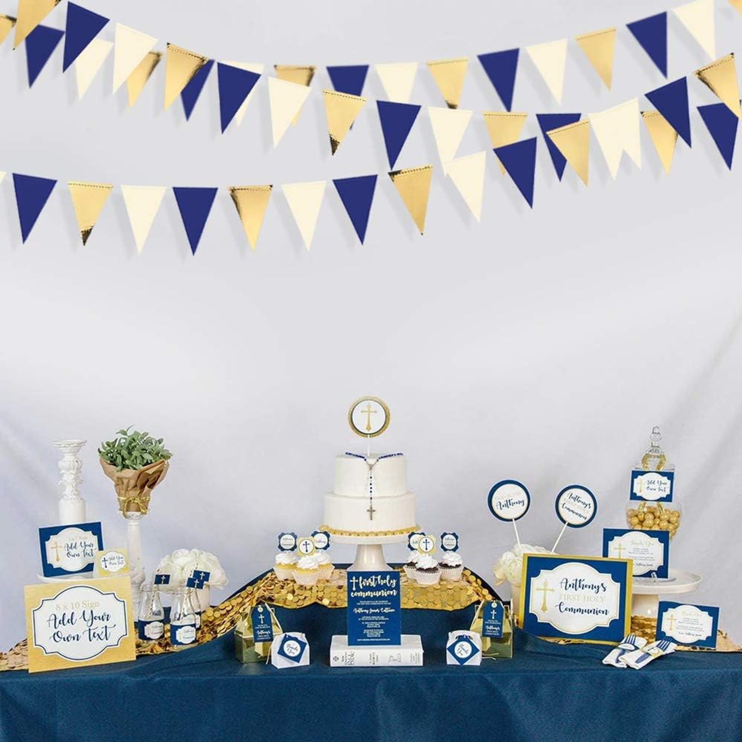 Navy Blue, Gold and Beige Triangle Pennant Bunting: image 5