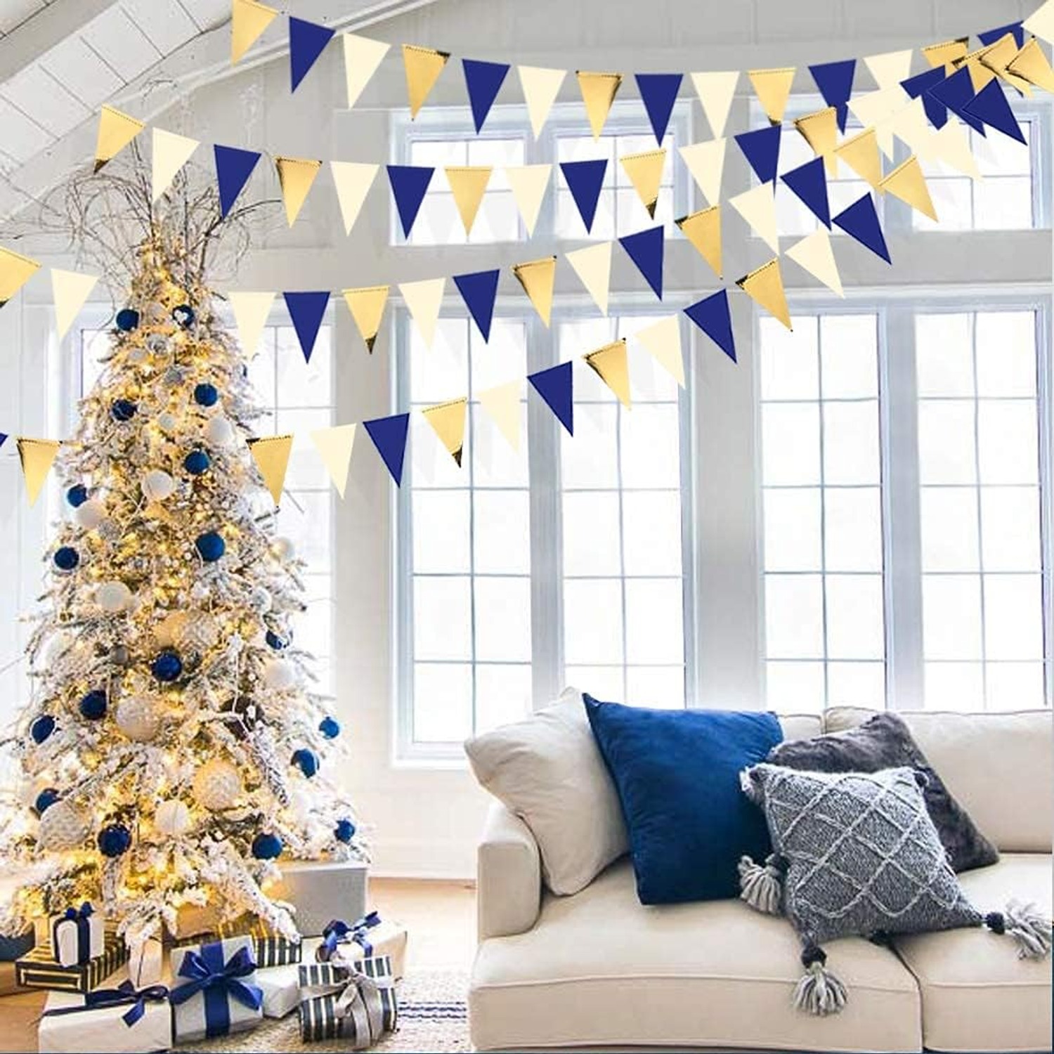 Navy Blue, Gold and Beige Triangle Pennant Bunting: image 8