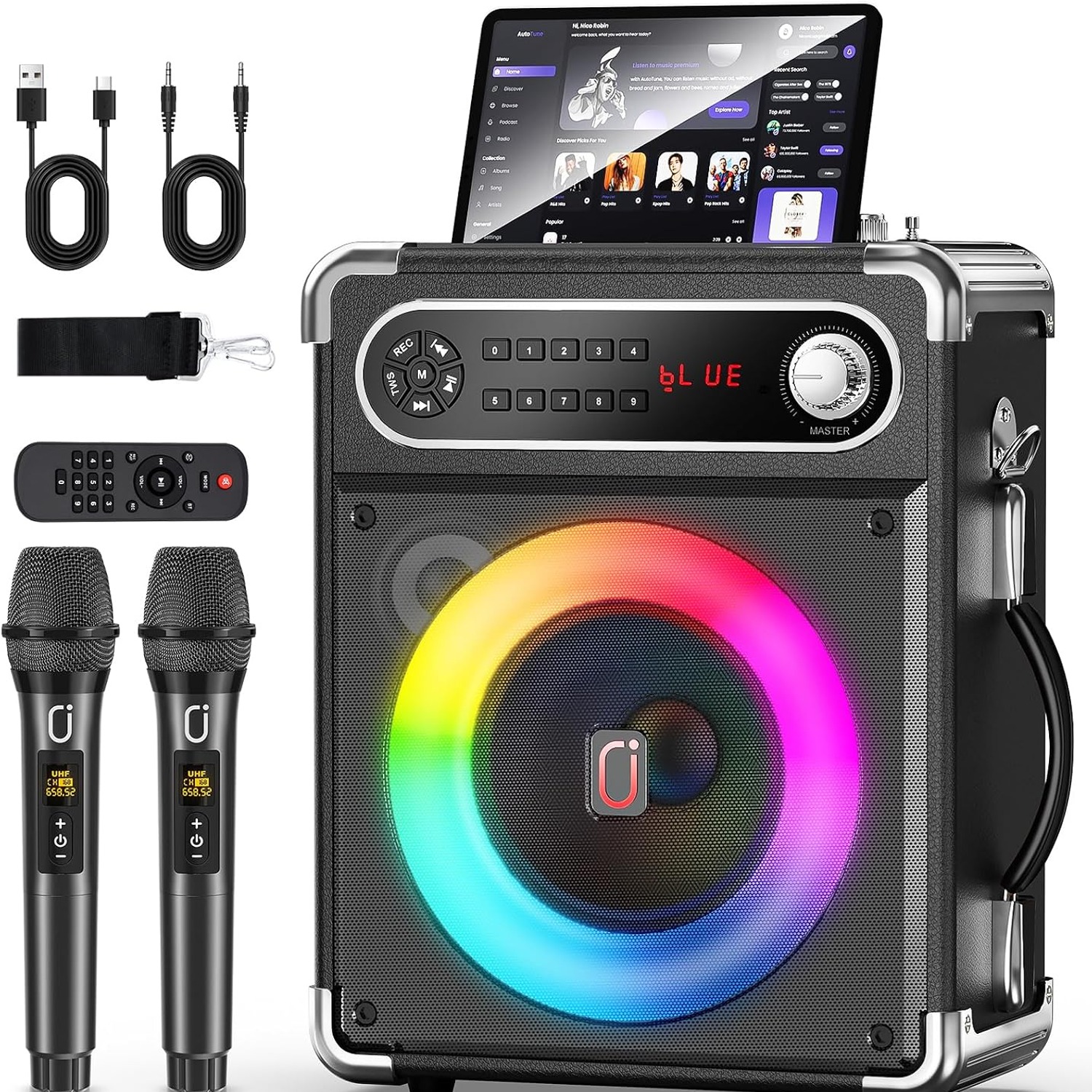 Portable Karaoke Machine with Two Wireless Microphones